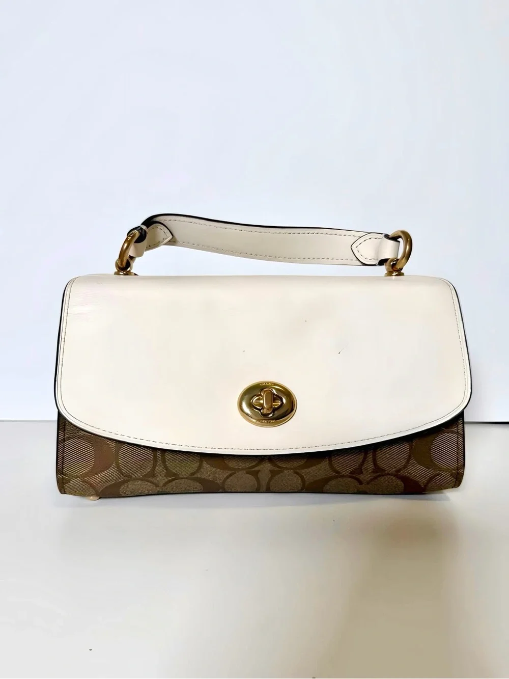 Coach Brown Signature Canvas with Cream Leather Turnlock Shoulder Bag